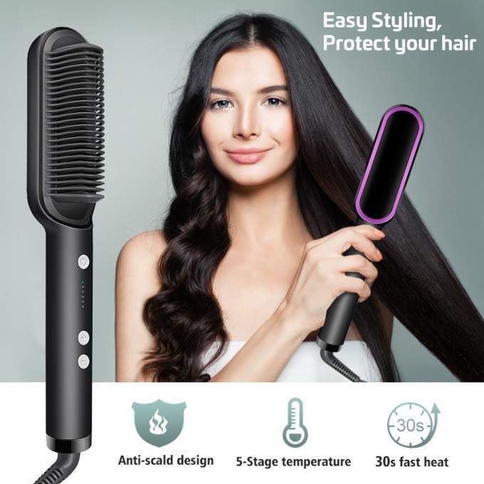 Electric Hair Straightener Brush Heated Comb Straight & Curly Styling Tool