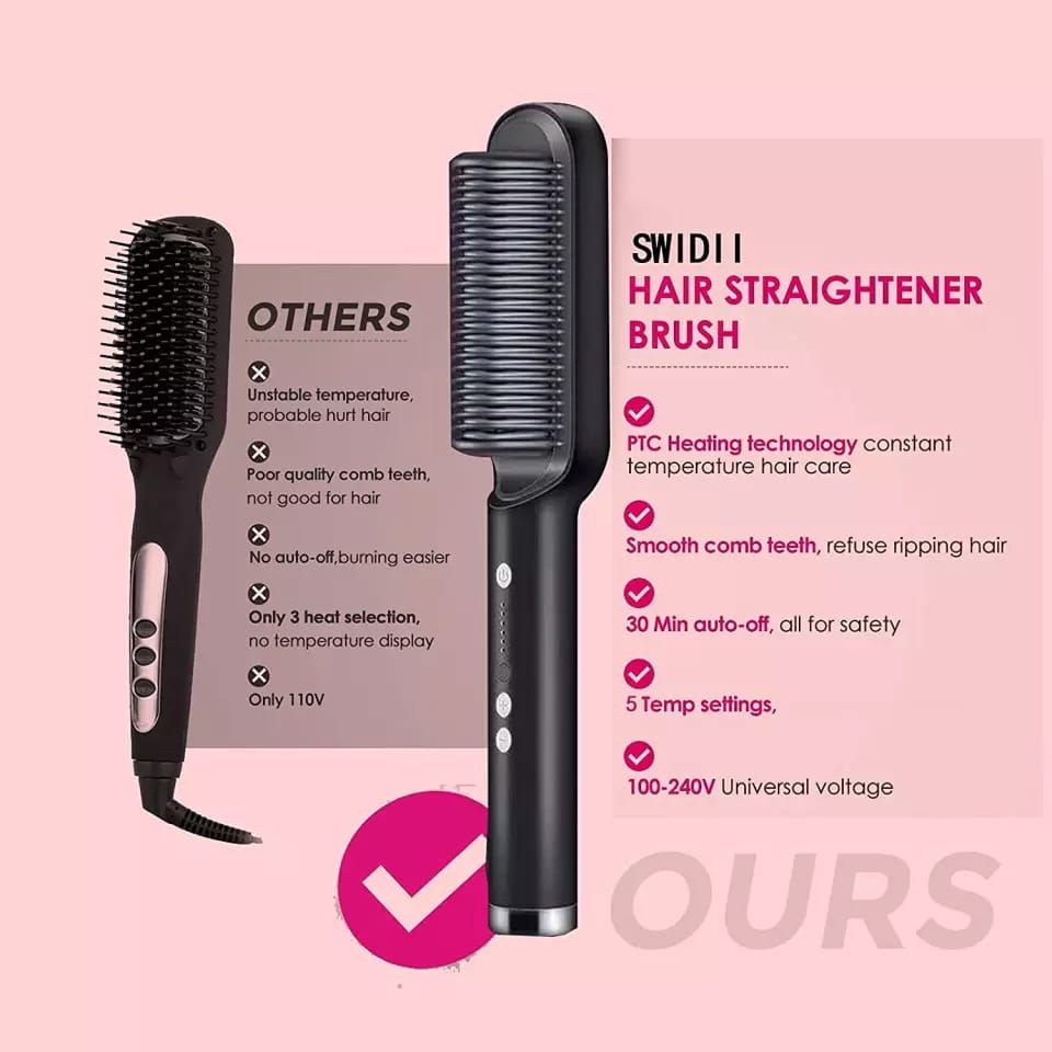 Electric Hair Straightener Brush Heated Comb Straight & Curly Styling Tool